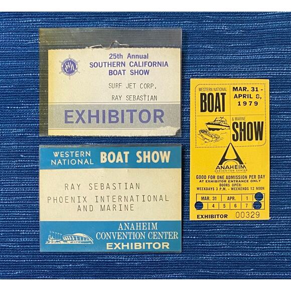 Vtg Boat Show Lot Western National CA Ticket Anaheim LA Surf Jet Exhibitor Badge - Picture 1 of 2